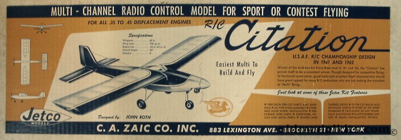 Jetco Citation - 62 inch Wingspan Sport or Contest RC Airplane, RC-4 plastic model kit